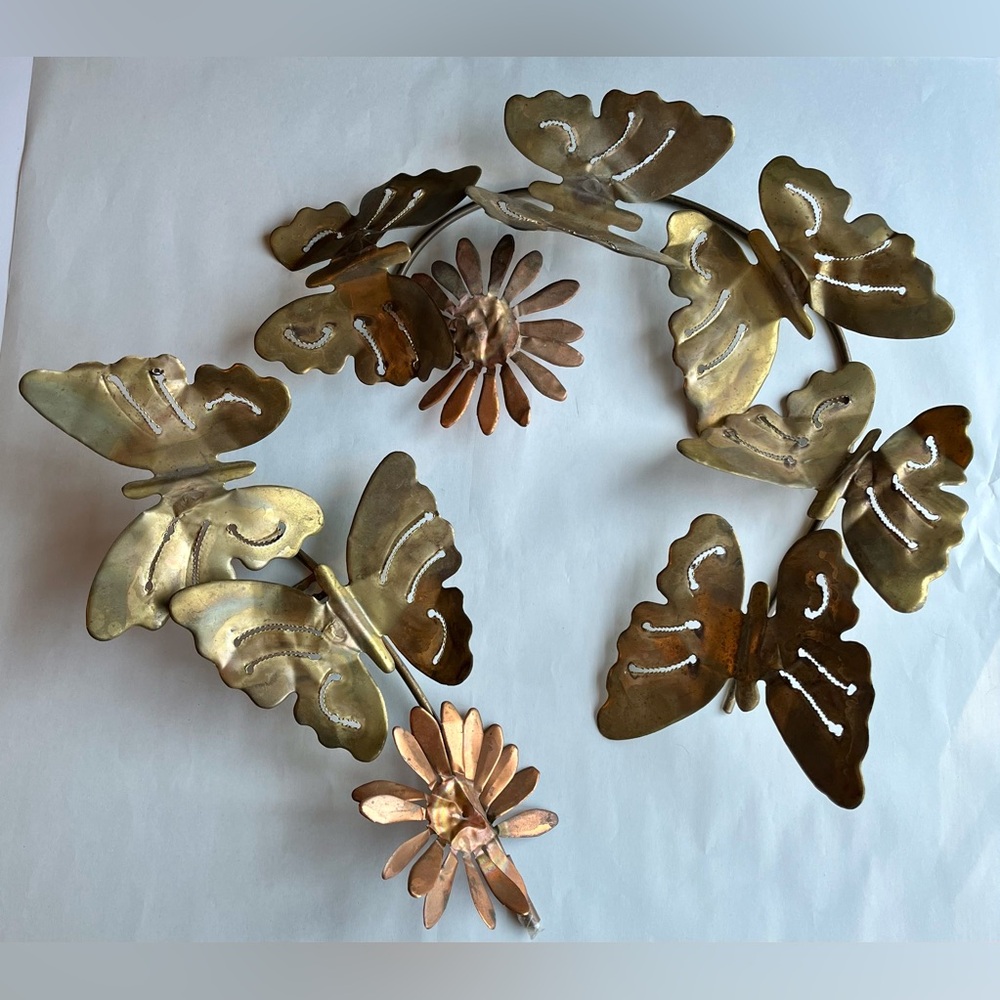 Vintage MCM Brass & Copper Butterfly Daisy Wall Art Set